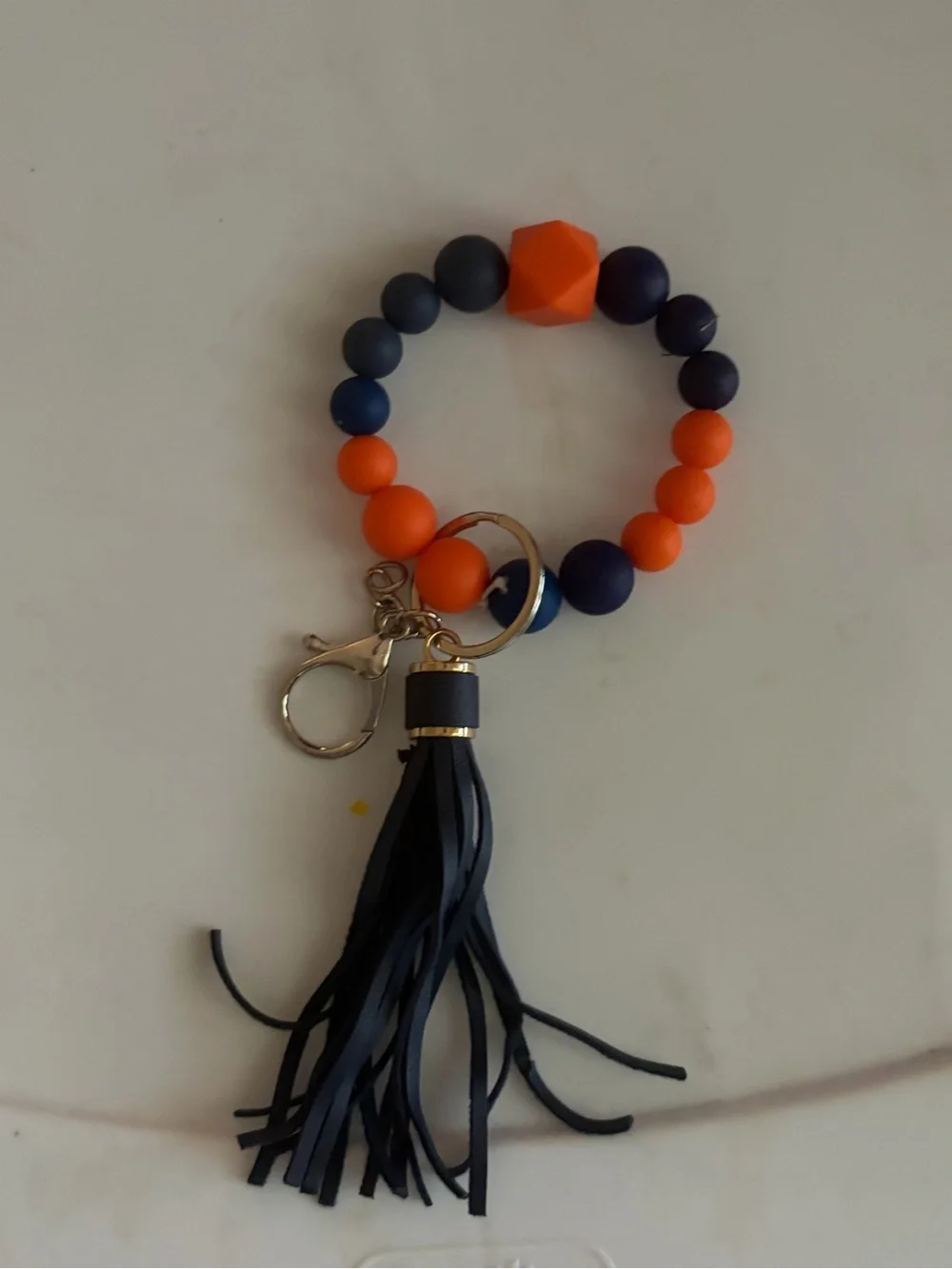 Beaded Wristlet Keychain with Navy Tassel - Orange & Navy